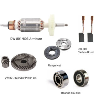 Dewalt Angle Grinder DW801 Copper Armature, Gear Pinion, Flange Nut, Bearing 607-608 And Carbon Brush Combo (Pack Of 9) Imported DW801 All Model Suitable